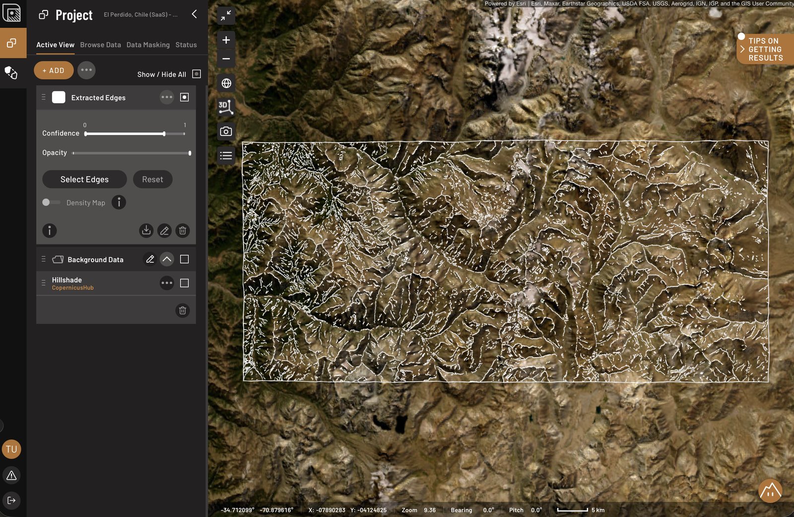 Extracted Edges in Active View, with the confidence slider and the traced lineaments